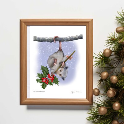 ART PRINT -  AWESOME POSSUM- Whimsical Drawing of a Opossum Holding a Sprig of Holly - Art for the Winter Season - Brighten Any Room for the - image5